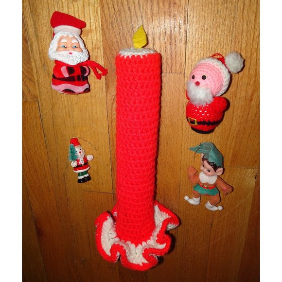 Vintage Crochet Christmas Candle & Santa fuzzy flocked Santa Lot mcm 1970s - Picture 2 of 12